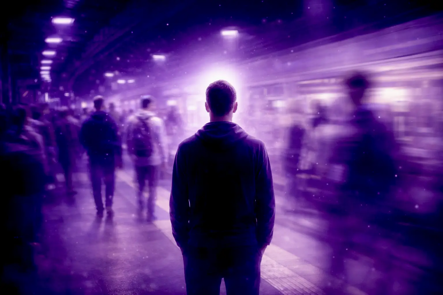L’hypnose un état naturel : personne immobile dans une gare symbolisant un état de conscience modifié naturel